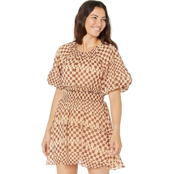 NWT Moon River Mini Dress Sz XS Cut Out Checkered Puff Sleeve Strech Brown Tan - Picture 1 of 13